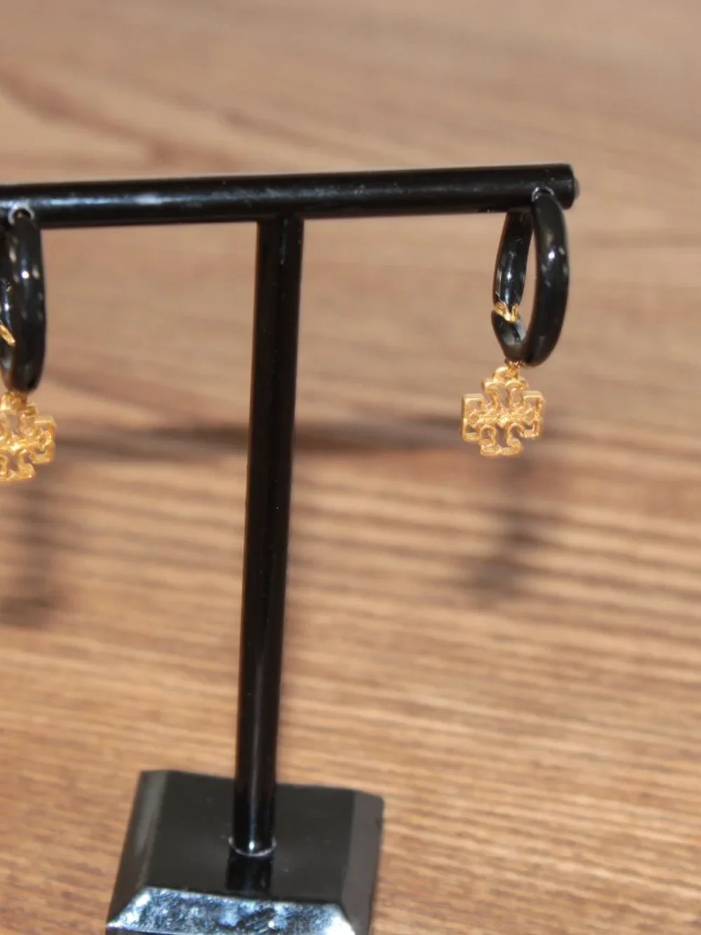 Tory Burch Black Hoop Logo Charm Earrings NWT
